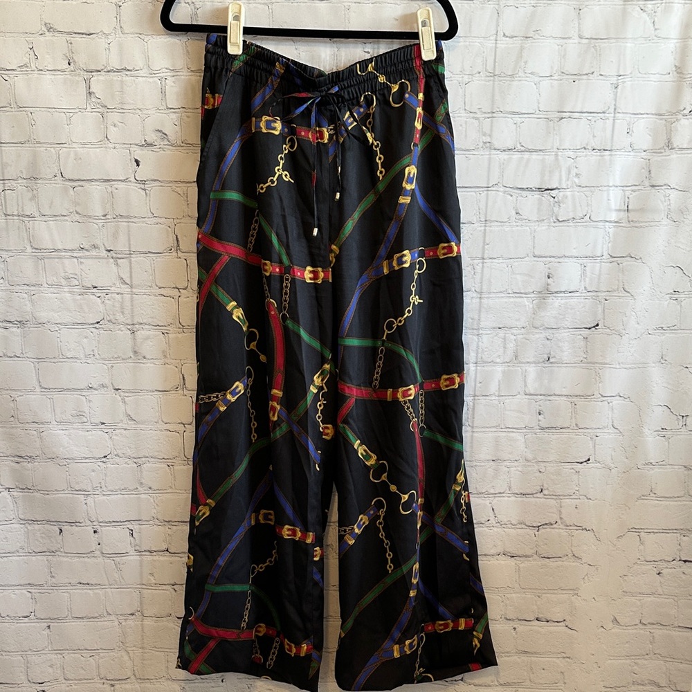 Lauren Ralph Lauren Black Wide-Leg Pants with Multicolor Chain Print - Picture 3 of 9